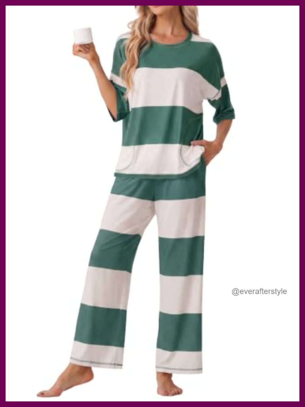 Women's Striped Pajama Set with Pockets Hasso Stitching Crew Neck 2-Piece